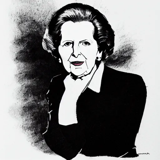 Prompt: portrait of margaret thatcher, beautiful ink drawing, pen on paper, by alphonso dunn and rick shaefer, award winning, trending on artstation