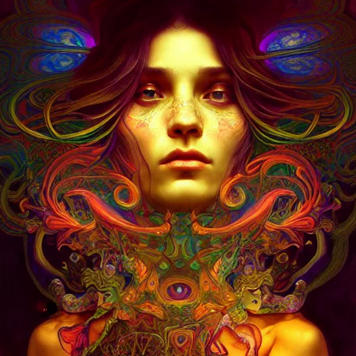 Image similar to An extremely psychedelic experience, colorful, surreal, dramatic lighting, magic mushrooms, psilocybin, LSD, face, detailed, intricate, elegant, highly detailed, digital painting, artstation, concept art, smooth, sharp focus, illustration, art by Krenz Cushart and Artem Demura and alphonse mucha