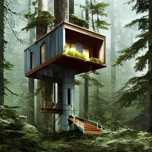 Image similar to Ramped Entrance - 'Woodnest' Cabin Is a Tiny Self-Supported Tree House in This overgrown futuristic sci-fi Norwegian Forest, Nice colour scheme, soft warm colour. Studio Gibli. Beautiful detailed watercolor by Lurid. (2022)