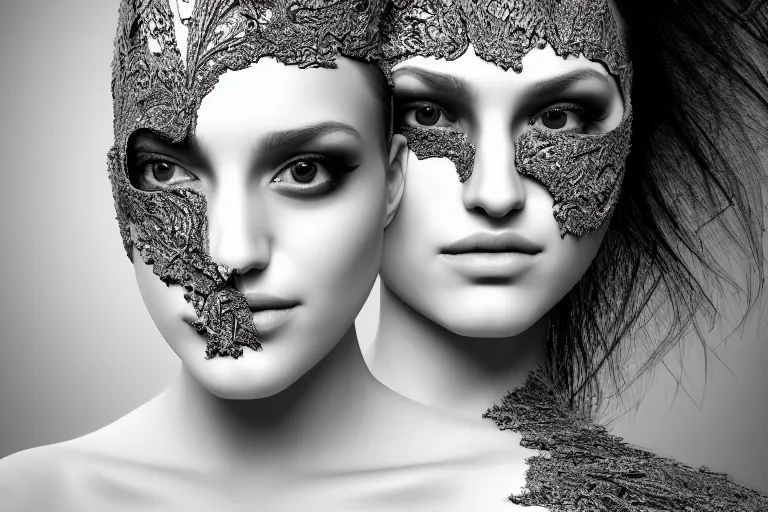 Image similar to portrait of a young beautiful woman with a mask. contemporary photograph, speed painting, fractal, mandelbulb. black and white. intricate, elegant, super highly detailed, professional digital painting, artstation, concept art, smooth, sharp focus, no blur, no dof, extreme illustration, Unreal Engine 5, Photorealism, HD quality, 8k resolution, cinema 4d, 3D, beautiful, cinematic, art by artgerm and greg rutkowski and alphonse mucha and loish and WLOP