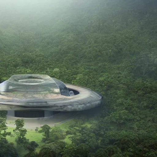 Image similar to extreme wide shot a futuristic containment building in a rainforest valley with a city in the distance, national geographic, hyper realistic, 4 k, harsh light, artstation