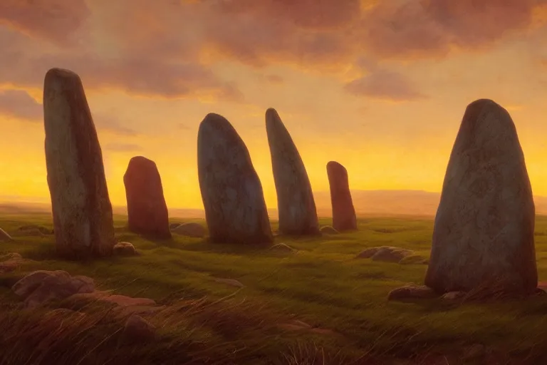 Image similar to circle of standing stones at dawn, dramatic cinematic lighting, rich colors, by William Dyce and ford madox brown and April Gornik and Caspar David Friedrich and Diego Rivera and Tyler Edlin, featured on artstation