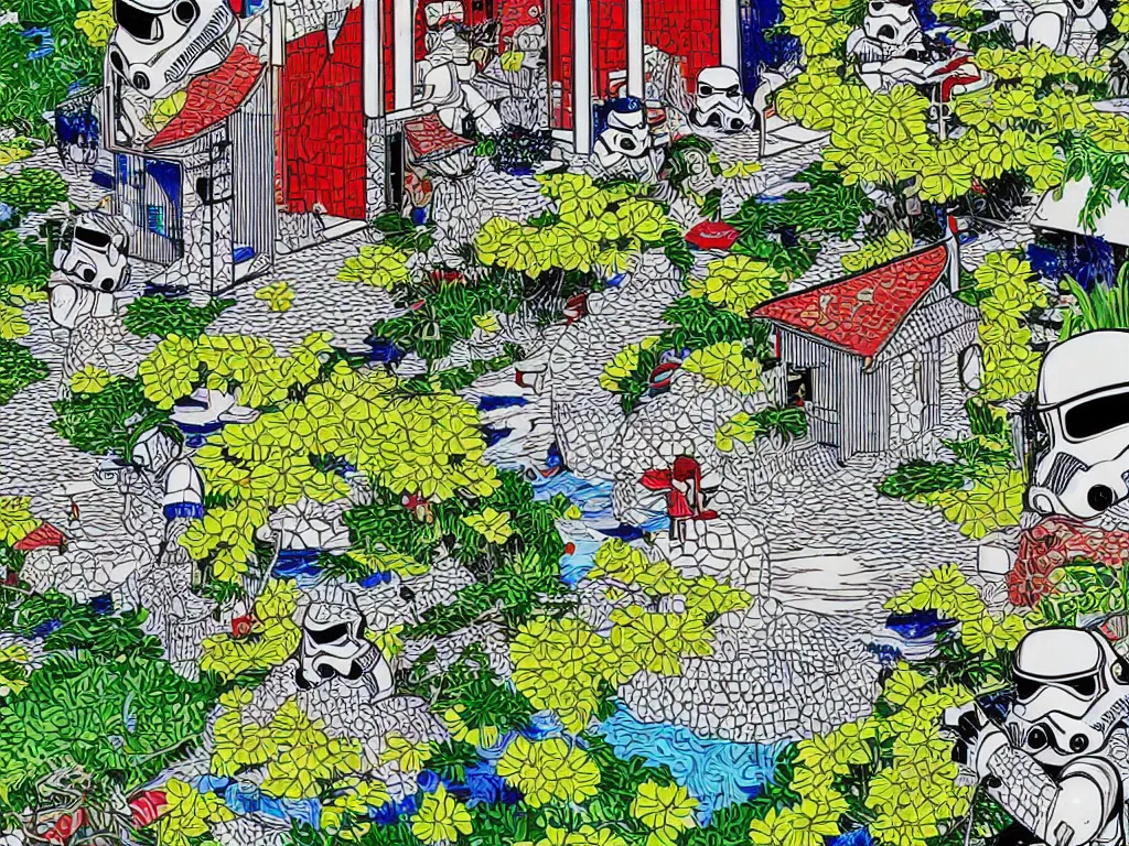 Image similar to hyperdetailed close - up image of a japanese house with a garden, pond, stormtroopers sitting around it, in style of pop - art, andy warho style, roy lichtenstein style, jackie tsa stylei, bright palette, acrylic on canvas