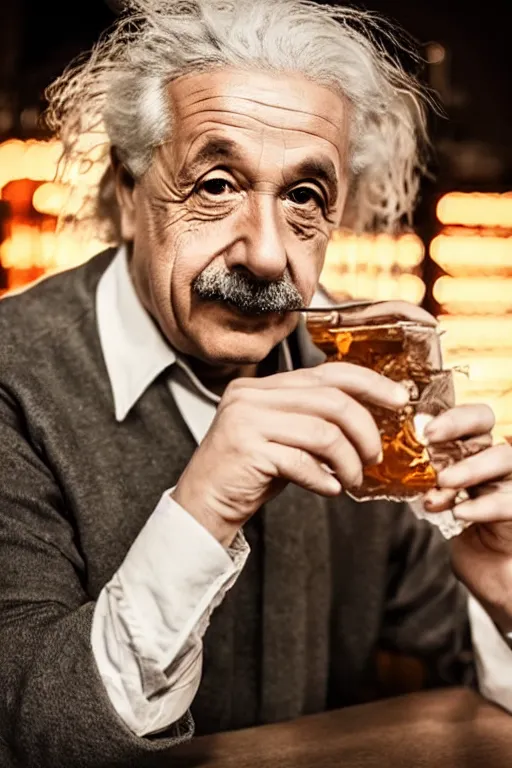 Image similar to dreary albert einstein drinking whiskey in bar, neon light, portrait, realistic, detailed