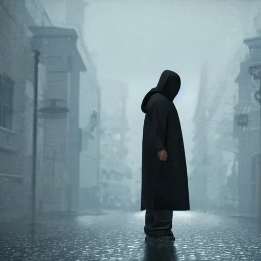 Image similar to a hooded man facing backwards in a tense rain, cinematic, cut-scene, ps5