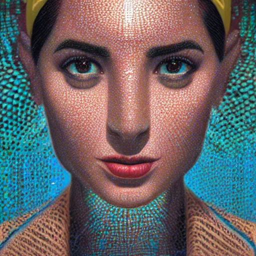 Image similar to detailed face of an arabic woman, terrazzo courtyard, moment, tectonic sky, skydome, reactor, utopian, tech noir, wet reflections, prism, atmospheric, ambient, pj crook, syd mead, livia prima, artgerm, greg rutkowski, nick alm, casey baugh