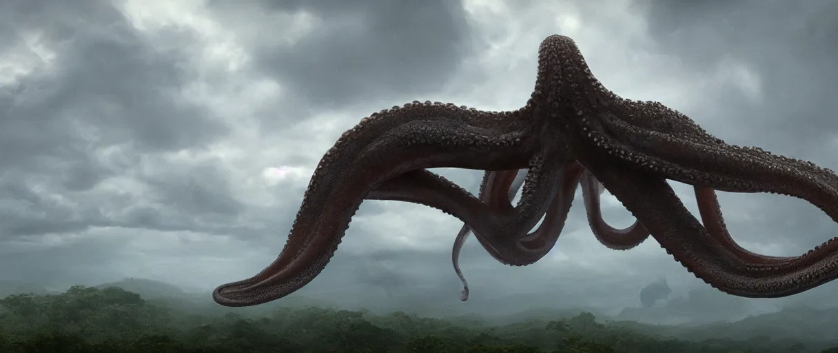 Image similar to a giant octopus tentacl hanging from the clouds over a rain forest, still from the movie the arrival, 8k