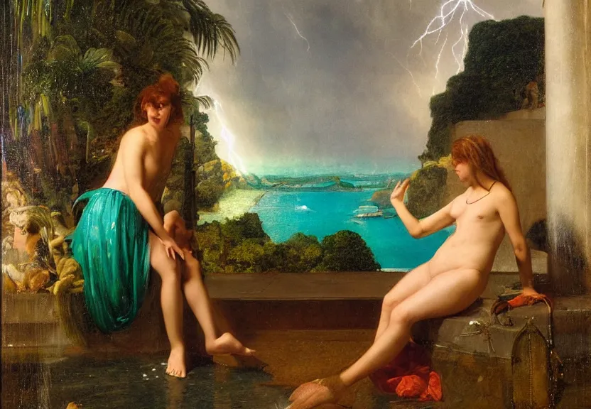 Image similar to Girl at the palace, refracted sparkles, thunderstorm, greek pool, beach and Tropical vegetation on the background major arcana sky, by paul delaroche, hyperrealistic 4k uhd, award-winning, very very very detailed