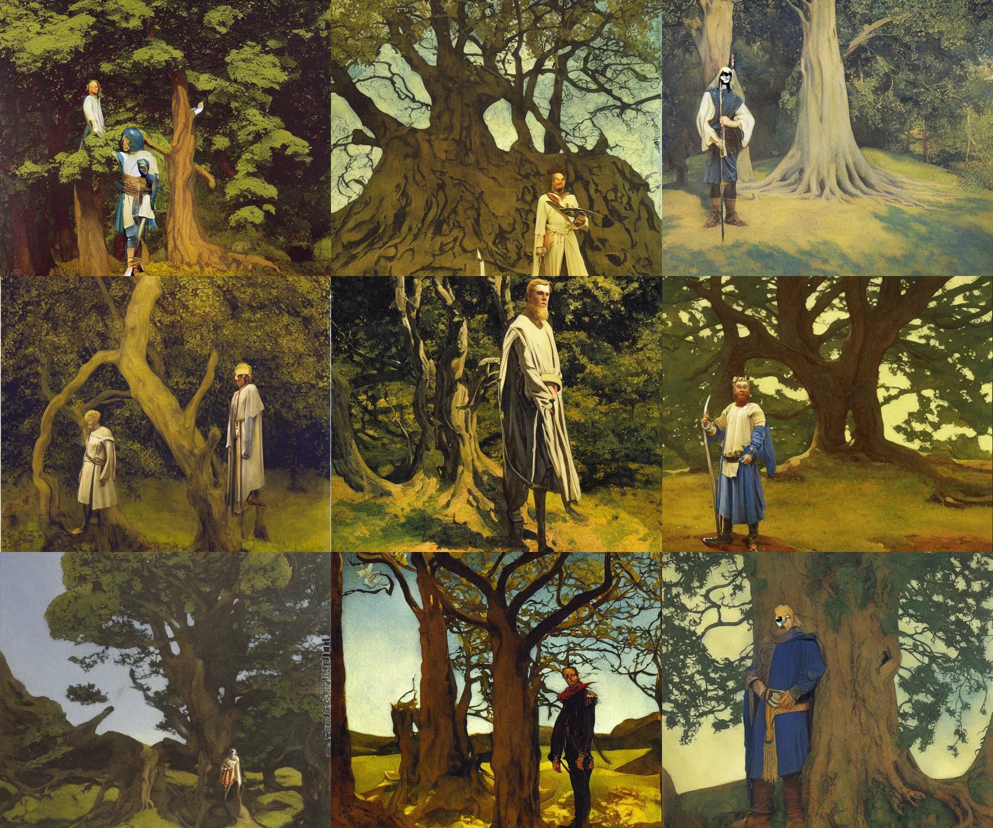 Prompt: a painting of king arthur standing beneath a tree by n. c. wyeth, highly detailed, oil on canvas