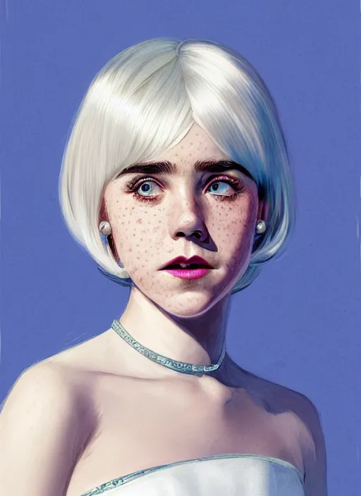 Image similar to portrait of kiernan shipka with freckles, white hair, big 1 9 6 0 s bob hairstyle with bangs and hairband, blue 1 9 6 0 s dress, intricate, elegant, glowing lights, highly detailed, digital painting, artstation, concept art, smooth, sharp focus, illustration, art by wlop, mars ravelo and greg rutkowski