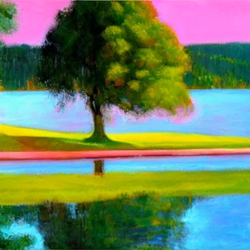 Prompt: beautiful pink tree beside a large lake landscape in the style of Edward Hopper