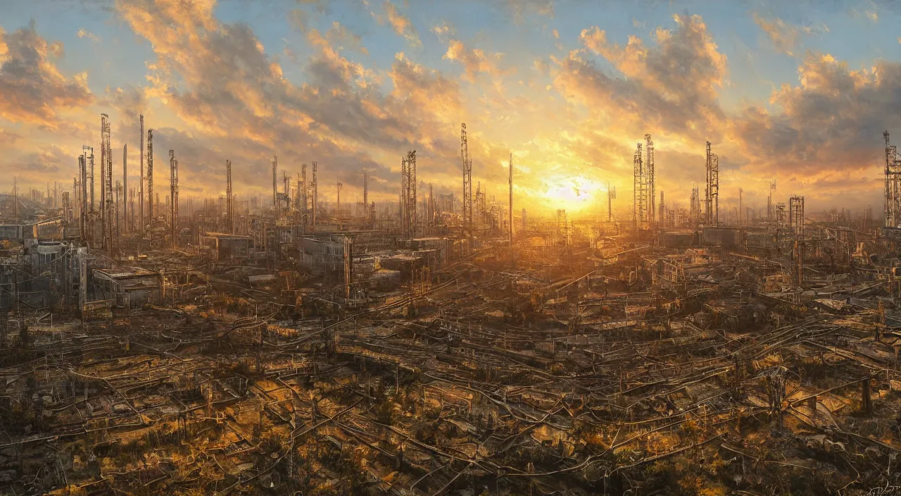 Prompt: a Stunning oil painting of Pripyat by gerg rutkowski,sunset,hyper detailed,Masterpieces,8K Resolution