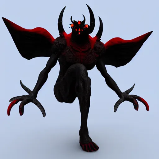 Image similar to black demon with evil face red eyes red mouth, wings, 3 d blender, 8 k, high quality, highly realistic photo realistic