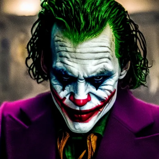 Image similar to stunning awe inspiring johnny depp as the joker movie still 8 k hdr atmospheric lighting