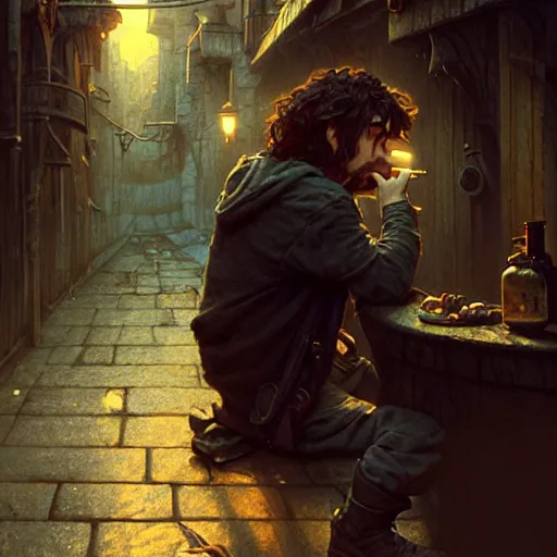 Image similar to Drug addict hobbit smoking in a dark alley, ultra realistic, concept art, intricate details, dark, highly detailed, photorealistic, octane render, 8k, unreal engine, art by artgerm and greg rutkowski and alphonse mucha