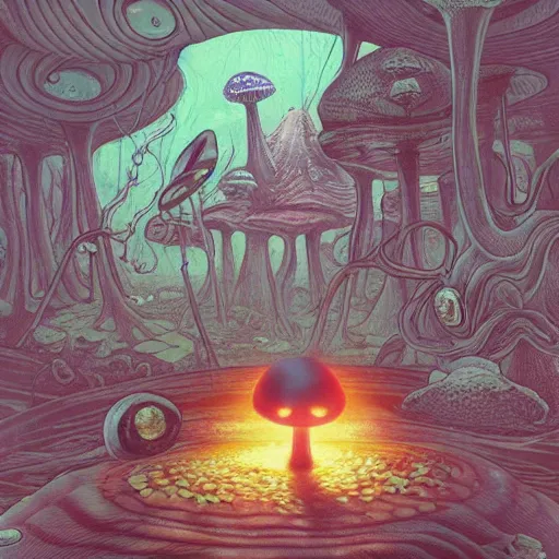 Image similar to A centered chest up portrait of a psychedelic demonic anthropomorphic frog smoking a hand-rolled cigarette smoking heavily , magic mushroom village in background . award winning. superb resolution. in the art style of junji Ito and greg rutkowski . Detailed Mushroom city in background. Hyper realistic anime. Perfect art. Dalle2