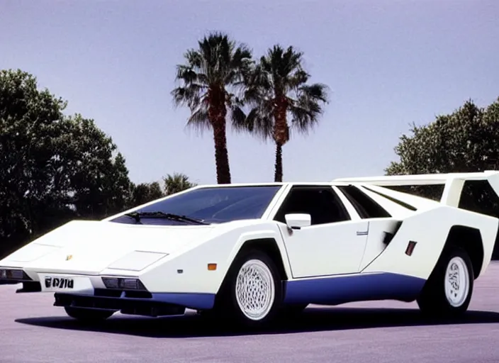 Image similar to a white lamborghini countach. palms and blue sky in the background. 8 0's style. purpur to pink gradient