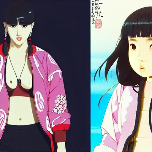 Image similar to a beautiful plus sized model japanese natalie portman, alluring, wearing oversized mayan bomber jacket and leotard with overalls, bulky poofy bomber jacket with mayan patterns, aztec street fashion, gapmoe yandere grimdark, trending on pixiv fanbox, painted by greg rutkowski makoto shinkai takashi takeuchi studio ghibli, akihiko yoshida