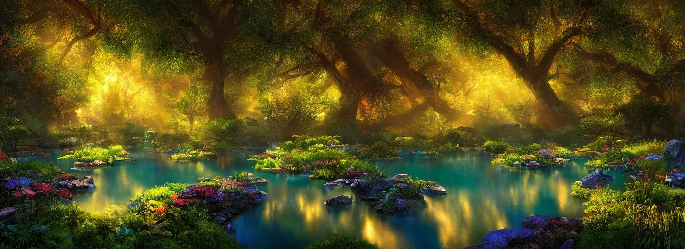 Prompt: photograph of enchanted garden, clear blue pond in the middle, rays of light by marc adamus, highly detailed, intricate detail, cinematic lighting