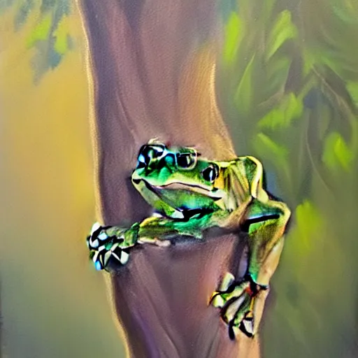 Prompt: beautiful oil painting of frog on a tree, sunlight, award - winning, matte,