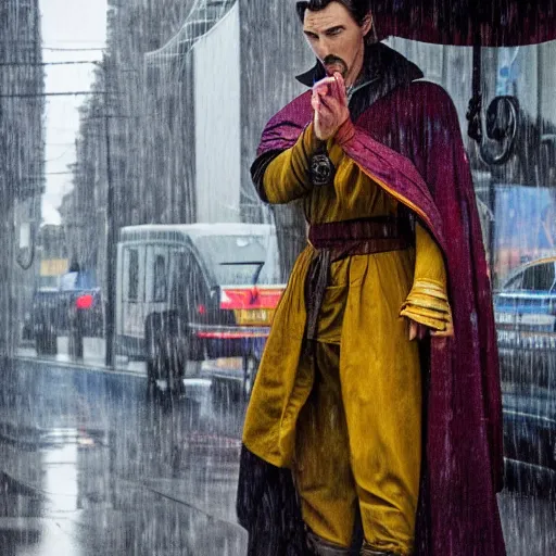 Prompt: doctor strange waiting for the bus during a rainy day, award winning candid photography