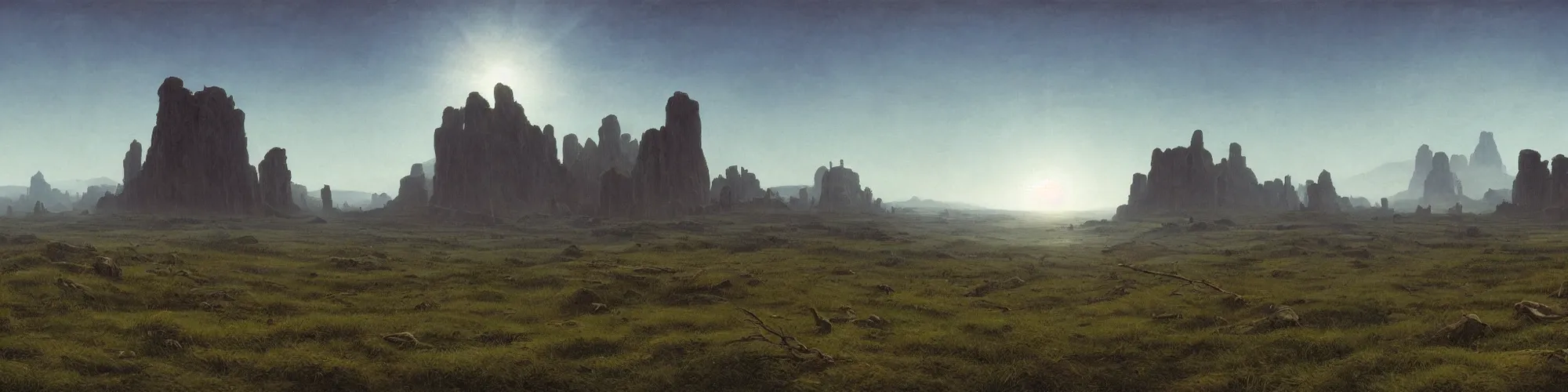 Image similar to panorama view of the background environment without main subject to focus on, no people nor a person, volumetric light from nearby sources, style by caspar david friedrich and wayne barlowe and ted nasmith.