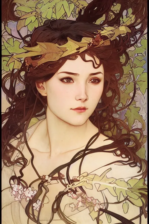 Image similar to realistic detailed portrait of a very beautiful ninja girl by alphonse mucha, charlie bowater, flowing wires with leaves, artgerm