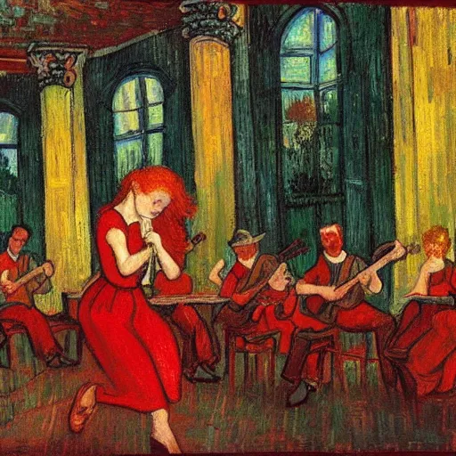 Prompt: woman with red hair red dress at the center of the stage playing redwood violin, artistic, renaissance, soft, detailed, vincent van gogh, greg rutowski, michaelangelo, artwork of the century, precision