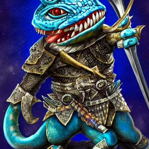 Prompt: a blue lizard warrior who is wearing a silly hat, highly detailed, fantasy, dnd, wearing armor, holding a sword