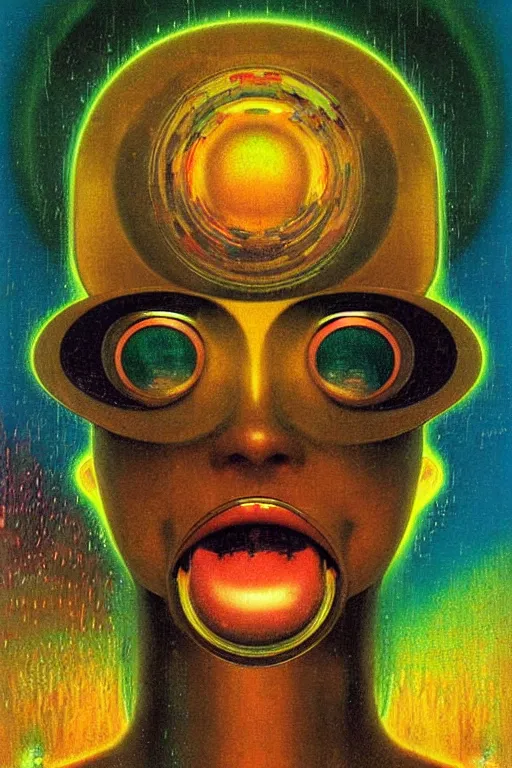 Image similar to 8 0 s art deco close up portait of mushroom head with big mouth surrounded by spheres, rain like a dream oil painting curvalinear clothing cinematic dramatic cyberpunk fluid lines otherworldly vaporwave interesting details epic composition by basquiat james jean artgerm rutkowski moebius francis bacon gustav klimt