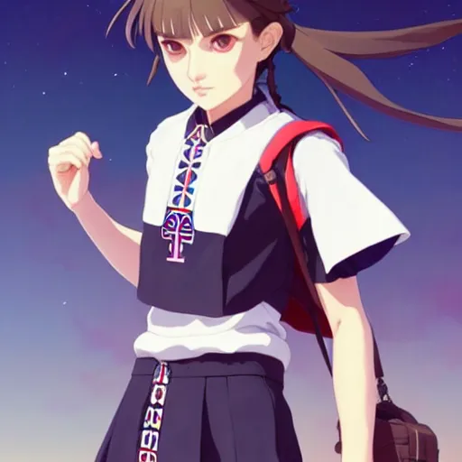 Image similar to a beautiful! boyish! natalie portman model, wearing catholic school girl outfit with mayan pattern and native style, jrpg aztec street fashion, gapmoe yandere grimdark, trending on pixiv fanbox, painted by greg rutkowski makoto shinkai takashi takeuchi studio ghibli, akihiko yoshida