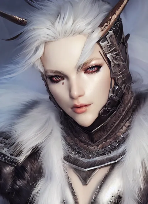 Image similar to barbarian, fur leather armor!!! beautiful and elegant white hair female!! gorgeous ayes!! character concept art, sharp focus, octane render! unreal engine 5! highly rendered!! trending on artstation!! detailed linework!! illustration by artgerm, wlop, and chie yoshii