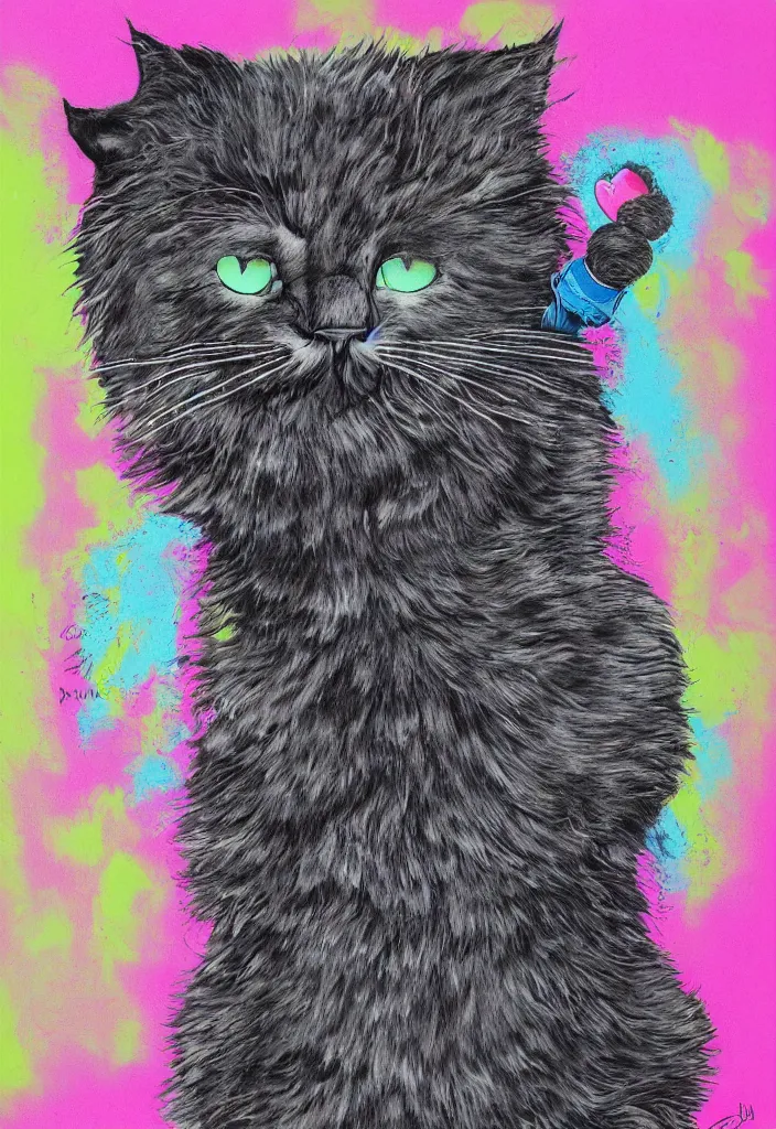 Image similar to fluffy cat with an afro comb t - shirt design, by jules julien, alex yanes, dark grisaille monochrome neon spraypaint, ironic surrealism, hypebeast