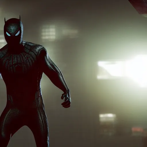 Image similar to ryan reynolds as symbiote suit spider - man, cinematic, volumetric lighting, f 8 aperture, cinematic eastman 5 3 8 4 film, photorealistic