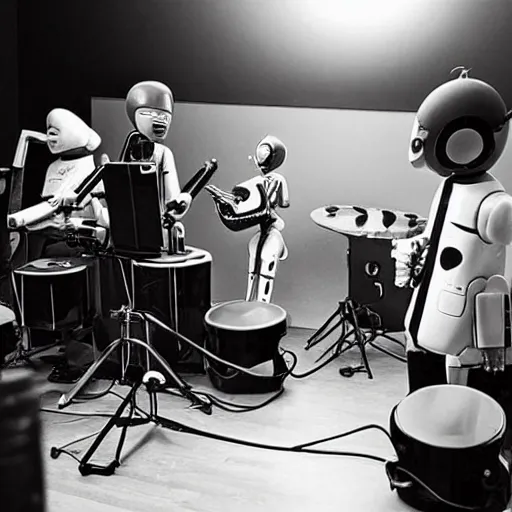 Image similar to jazz robots playing instruments in a studio, making a song