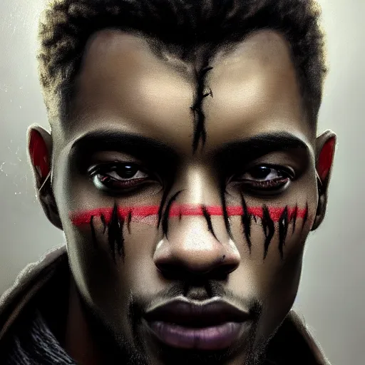 Prompt: portrait painting of a beautiful black man with blade scars and cropped hair wearing a tattered grey coat, ultra realistic, concept art, intricate details, eerie, highly detailed, photorealistic, octane render, 8 k, unreal engine. art by artgerm and greg rutkowski and charlie bowater and magali villeneuve and alphonse mucha