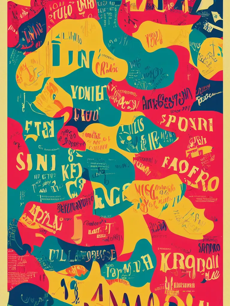 Prompt: typographic poster, random english words, italian graphic design, splashes of color, professional vintage design