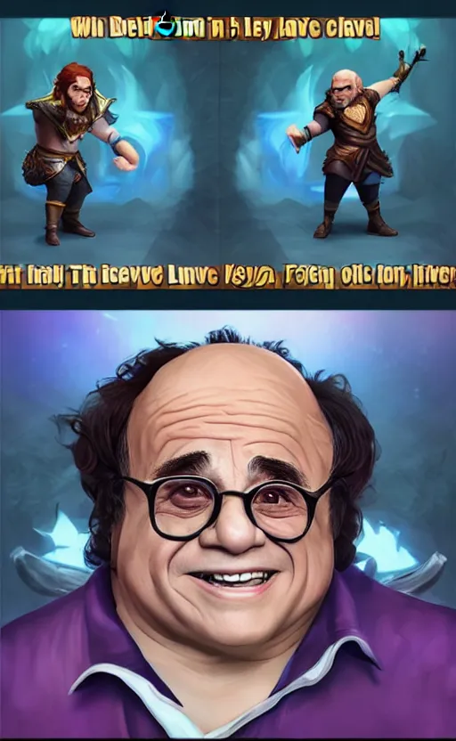 Image similar to Danny DeVito as a character in the game League of Legends, with a background based on the game League of Legends, detailed face, old 3d graphics