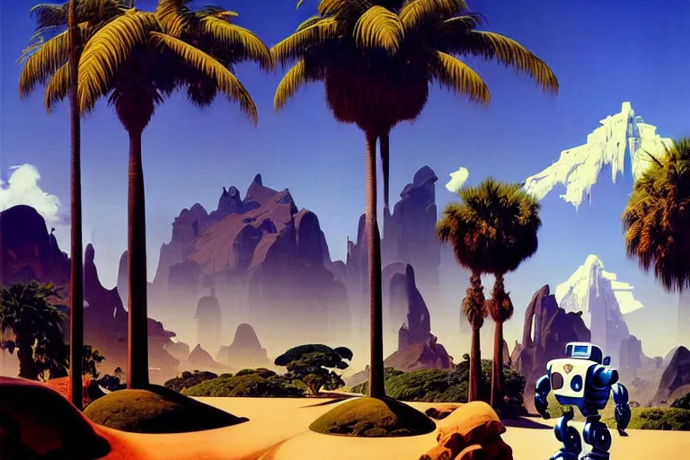 Image similar to natural american landscape | robot greeting another robot | palm trees | snowy mountains, painting by syd mead and weta studio and james jean, frank frazetta, highly detailed, rule of third, soft lighting, 8 k resolution, oil on canvas, architectural magazine, beautiful detailed, insanely intricate details, artstation trending, hypermaximalistic, high details, cinematic