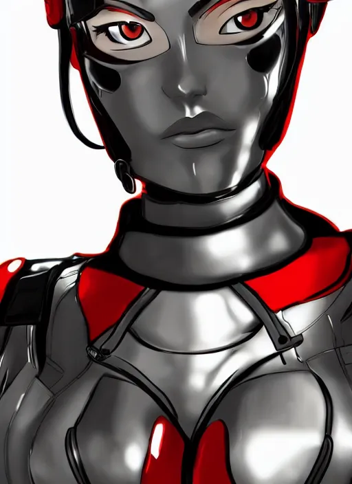 Image similar to Portrait of a female mech pilot in a black latex bodysuit, anime, cel-shaded, highly detailed, monotone, red highlights