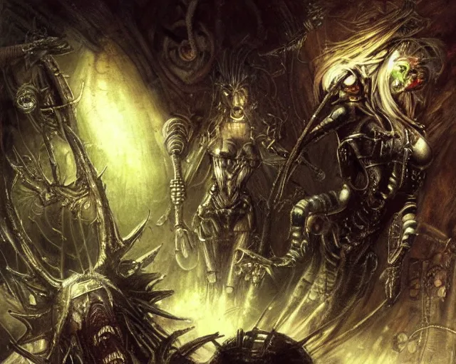 Image similar to lost in cyberspace with servitors chasing me, dim lighting, royo, giger, frazetta, whealan,