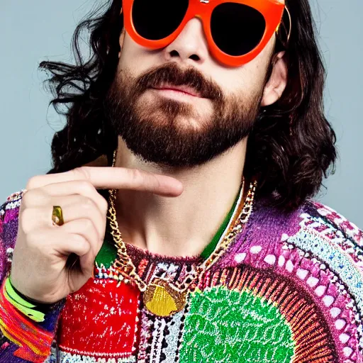 Prompt: jesus christ wearing a colorful coogi sweater and gold curb chain with sunglasses