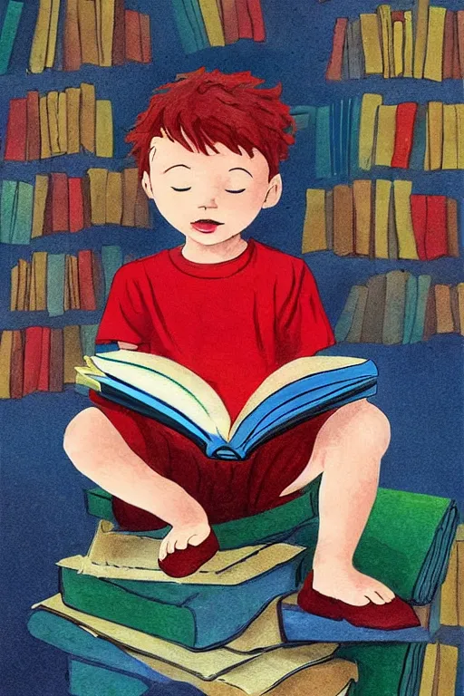 Image similar to a little boy with red hair sits cross legged on top of a tall pile of books. he is reading. clean elegant pretty cartoon painting, beautiful detailed face, storybook illustration.