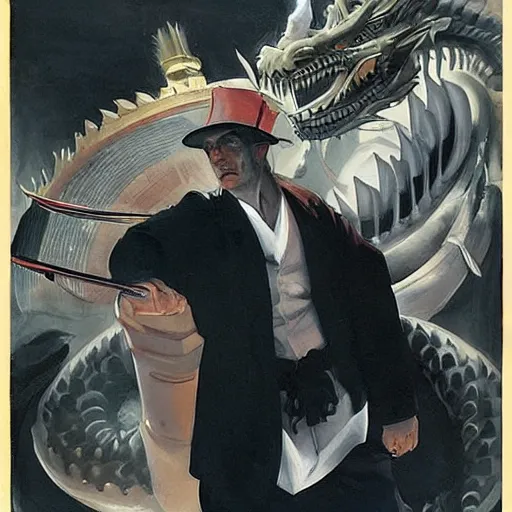 Prompt: A mafia man, behind him is a Chinese dragon emanating a red aura of danger, avant garde, 3d render by J.C. Leyendecker rhythmic