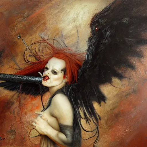 Image similar to graffiti mild by lori earley, by charles spencelayh. performance art. a large, muscular demon - like creature with wings, standing in a dark, hellish landscape. the creature has red eyes & sharp teeth, & is holding a large sword in one hand.