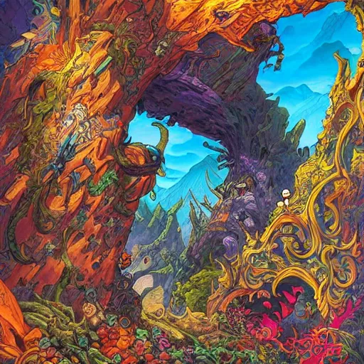 Prompt: a doorway that creates enchantment, displaying strange, magnificent, colourful landscapes, highly detailed, smooth, sharp focus, bold colours, high contrast, unique, graphic novel, art by michael choi and joe madureira,