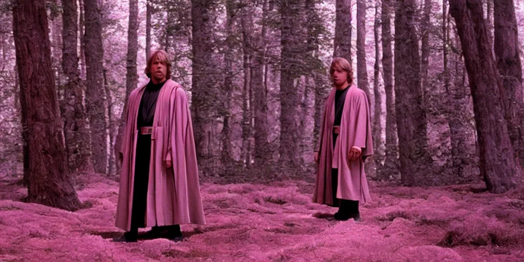 Image similar to screenshot of Luke Skywalker in dark jedi robe is lost on a surreal pink planet with black trees, minamilist 1970s sci fi film by Stanely Kubrick film, color kodak, Ektachrome, anamorphic lenses, detailed faces, hyper-realistic, photoreal, detailed portrait, moody award winning cinematography, beautiful lighting