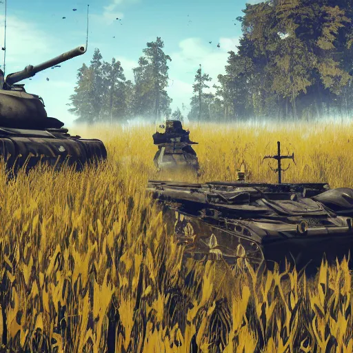 Image similar to a high resolution very detailed image of russian tank boss fight from nier : automata in yellow rye field under pure blue skies