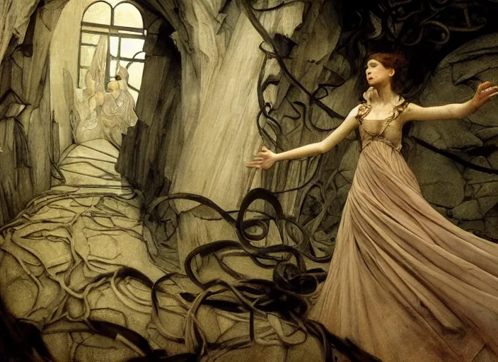 Prompt: jim henson's labyrinth. sarah, a girl in a ballgown, is trapped in a dark shadowed oubliette made of stone. by edgar maxence and caravaggio and michael whelan and delacroix style, artistic, intricate painting, cinematic lighting, hyper realistic, extremely detailed, vivid colors, establishing shot, dramatic lighting