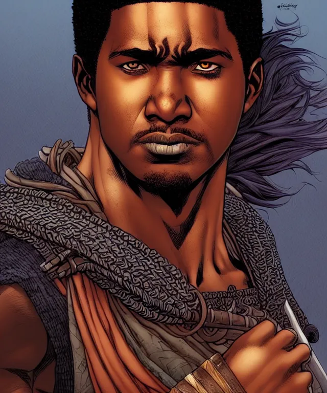 Image similar to a ( fantasy comic ) ( cover art ) portrait of a bedouin warrior who looks like ( young denzel washington ), digital illustration by jenny frison and sana takeda and kentaro miura, fine inking lines, vivid colors, dnd, highly detailed!, hd, 4 k, trending on artstation